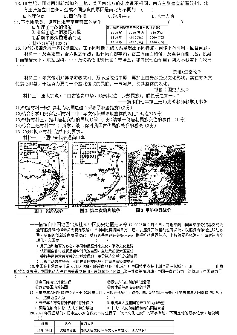 21，甘肃省张家川县2024年中考一模考试历史试题02