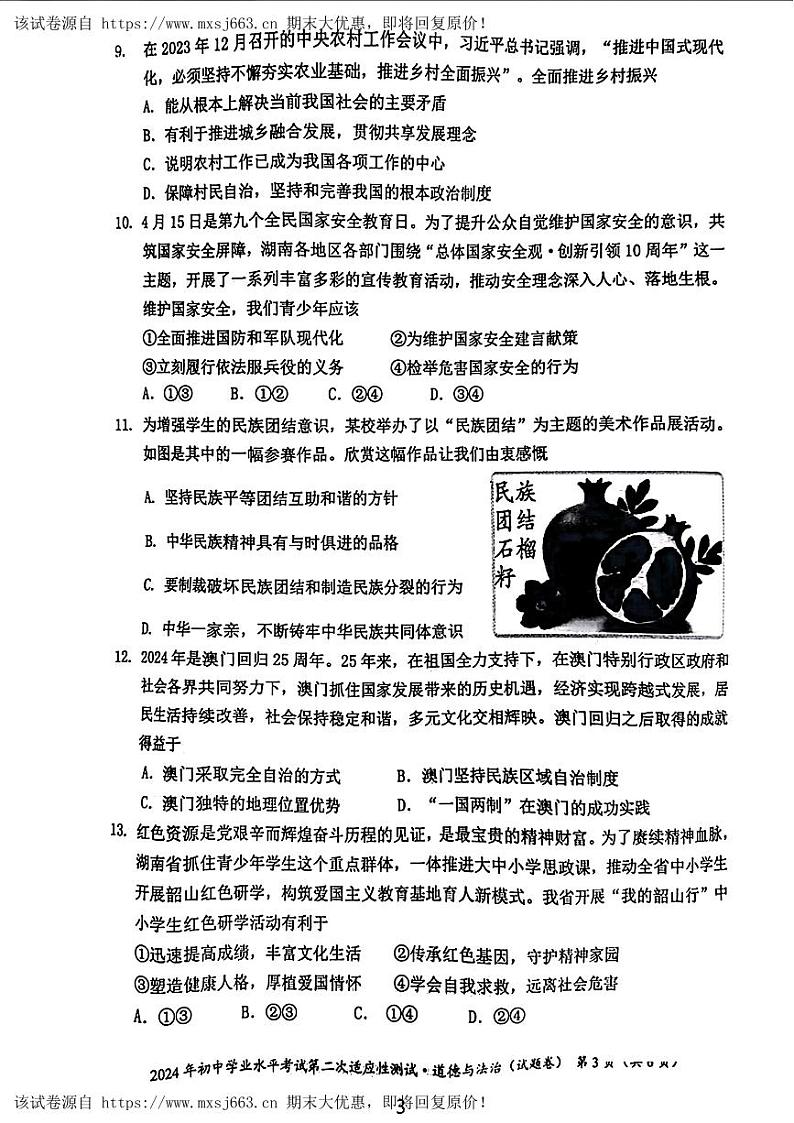 08，湖南省永州市2024年中考二模考试道德与法治历史试题第3页