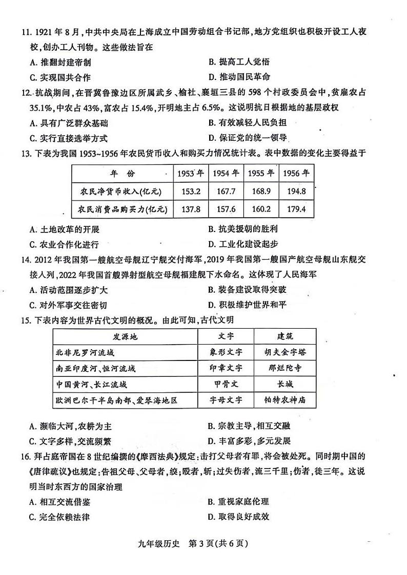 2024年河南省平顶山市九年级中考三模历史试题及参考答案03