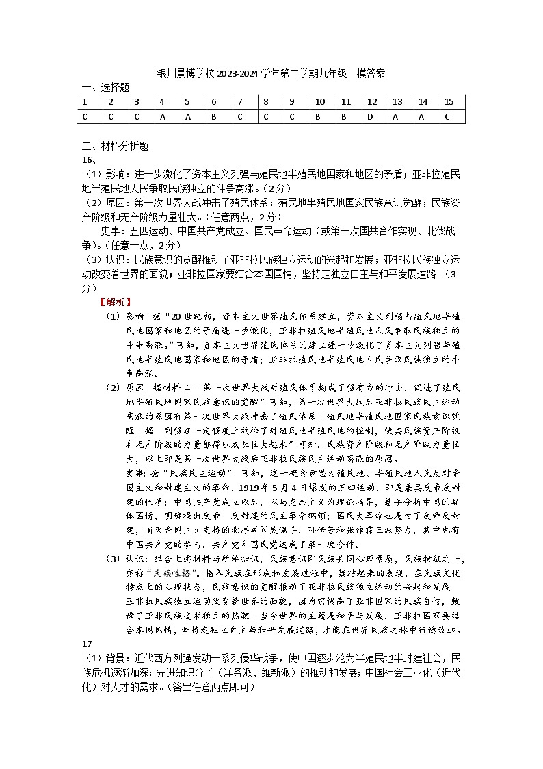 2024年宁夏银川市景博学校中考一模历史试题01
