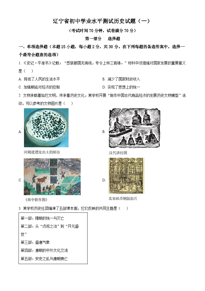 2024年辽宁省沈阳市实验学校中考模拟测试历史试题（一）（学生版）第1页