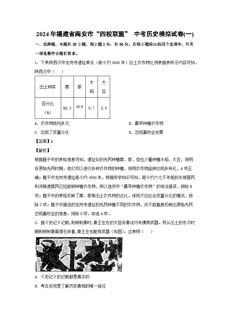 2024年福建省南安市“四校联盟” 中考 模拟(一)历史试卷（解析版）01