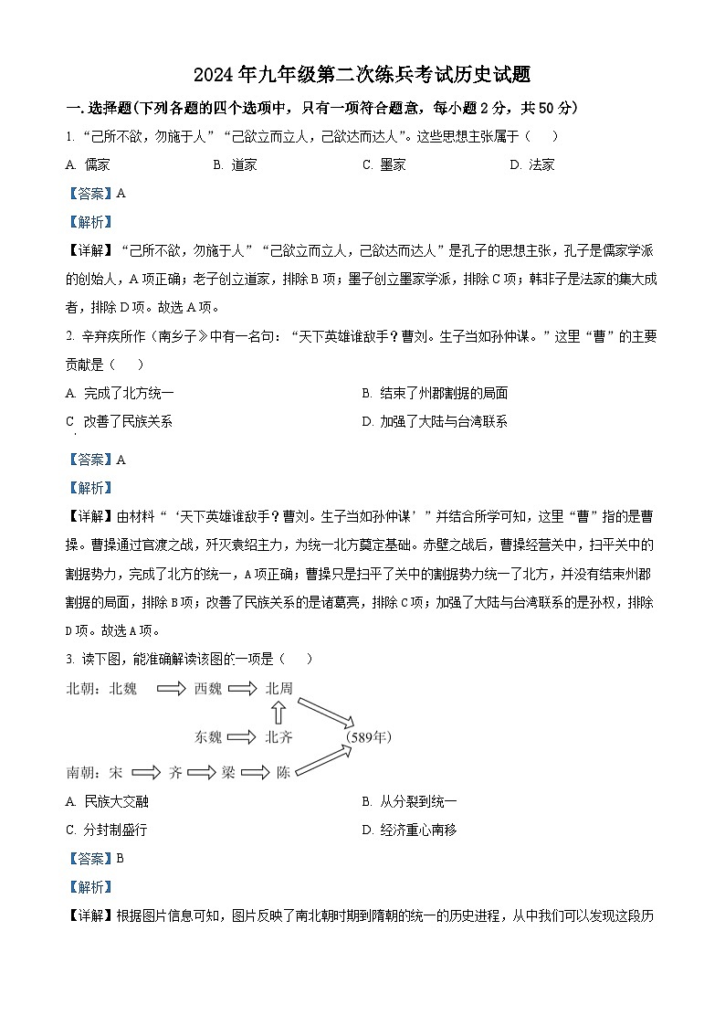 2024年山东省德州市天衢新区中考二模历史试题 （学生版+教师版 ）01