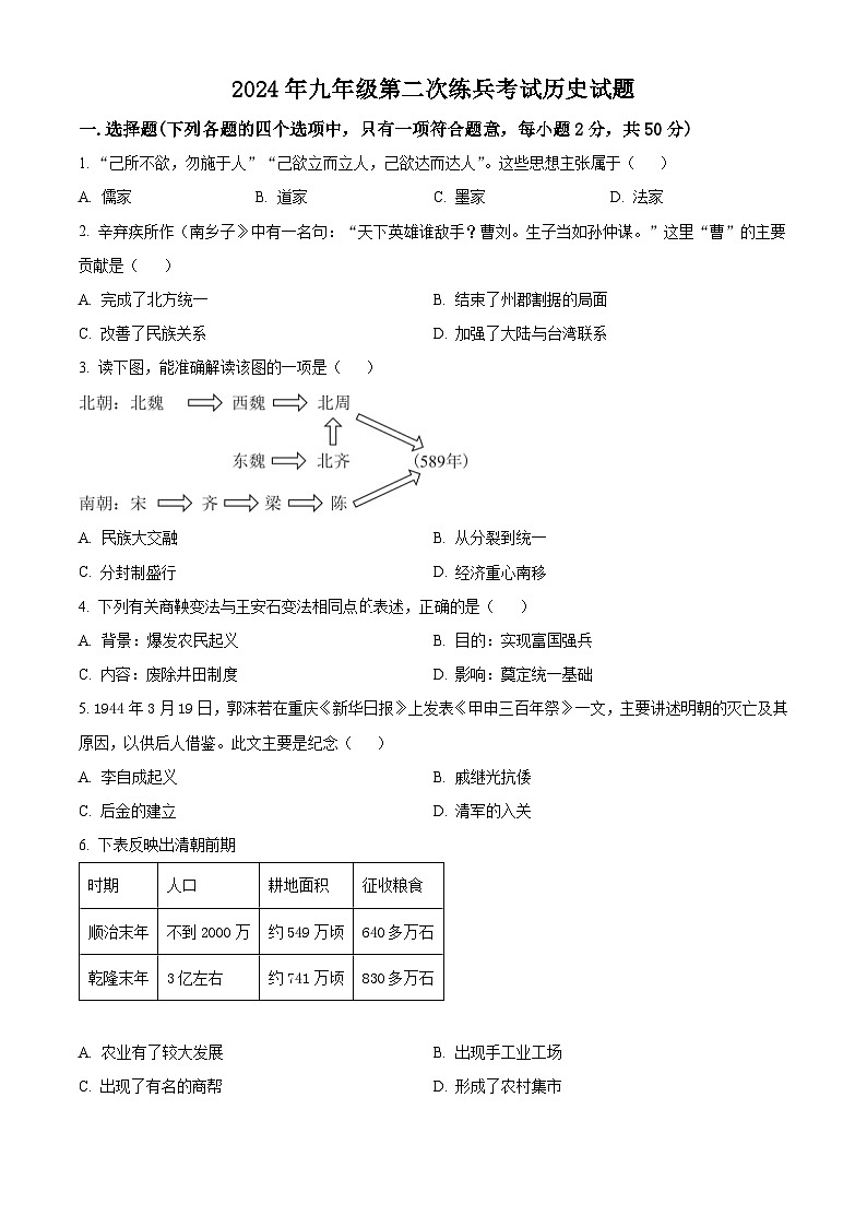 2024年山东省德州市天衢新区中考二模历史试题 （学生版+教师版 ）01