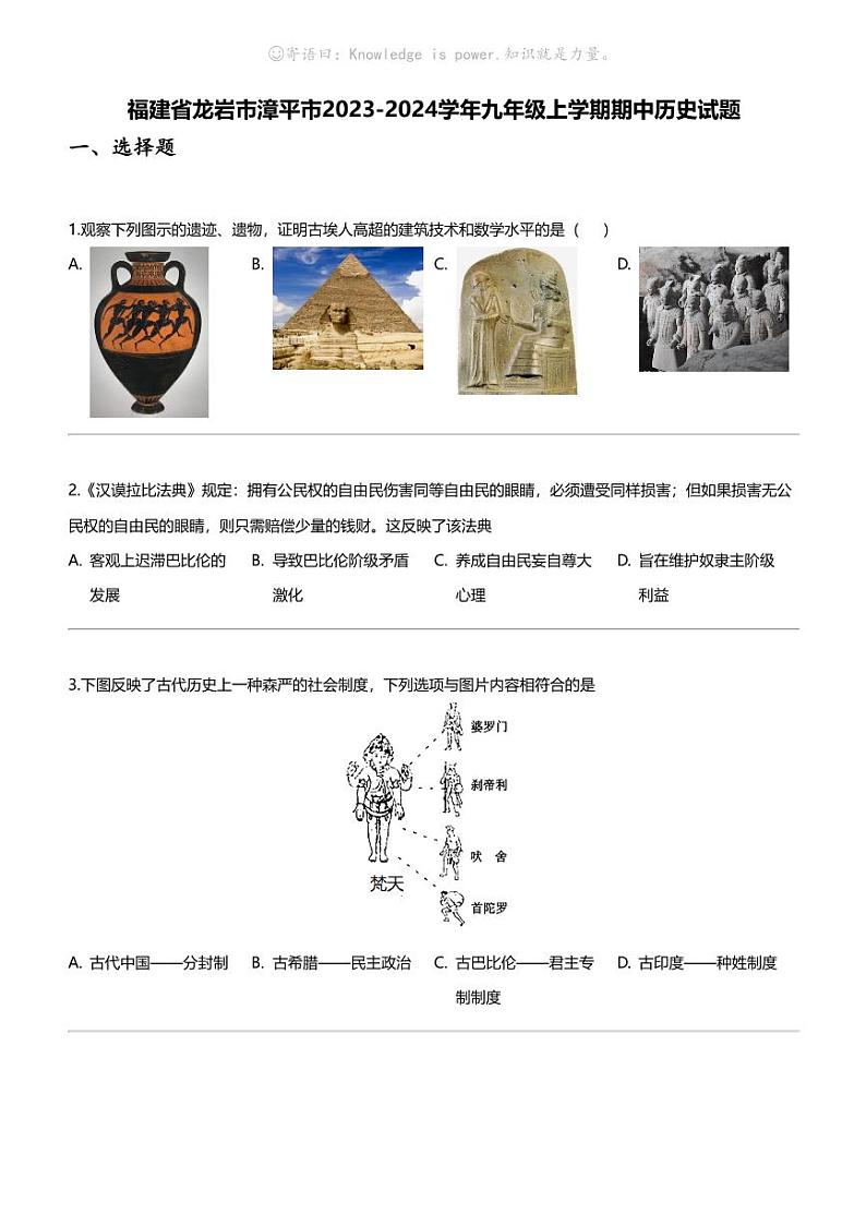 福建省龙岩市漳平市2023-2024学年九年级上学期期中历史试题第1页