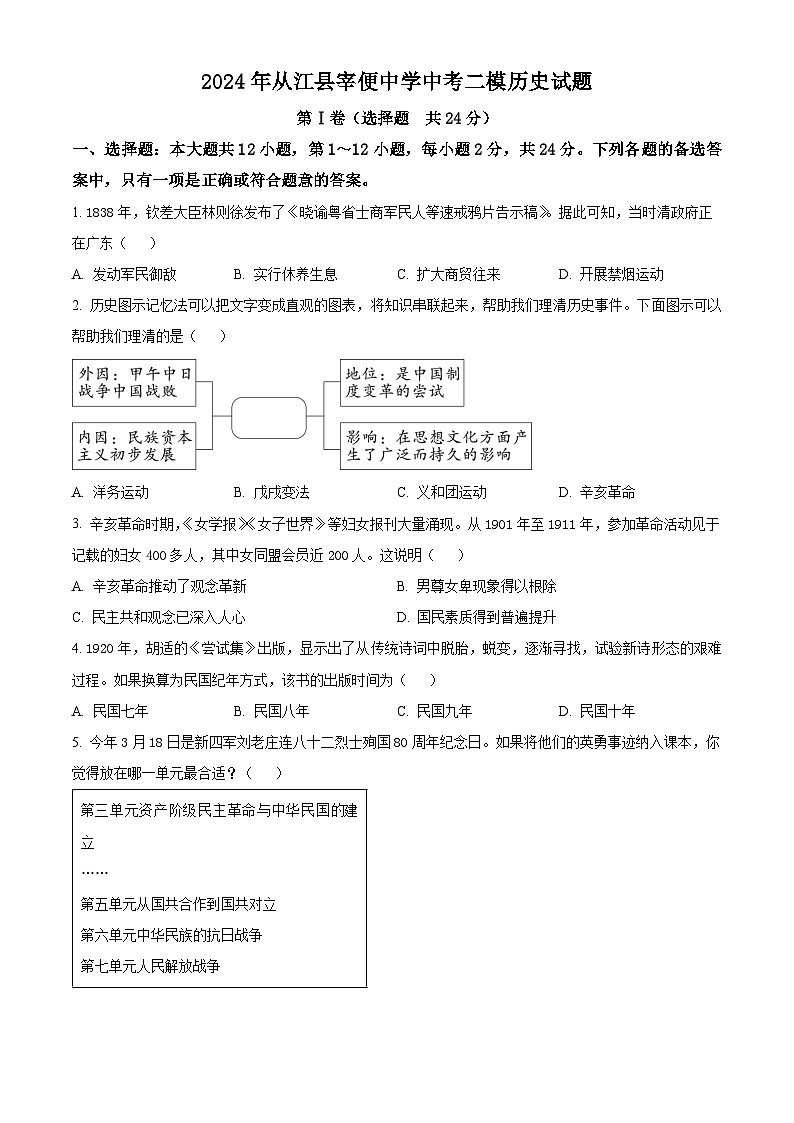 2024年贵州省从江县宰便镇宰便中学中考二模历史试题（学生版+教师版）01