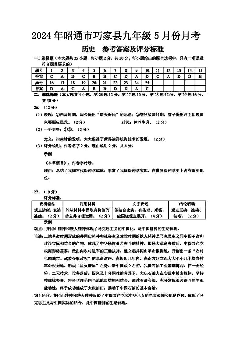 2024年昭通市巧家县5月份月考九年级历史试卷答案第1页
