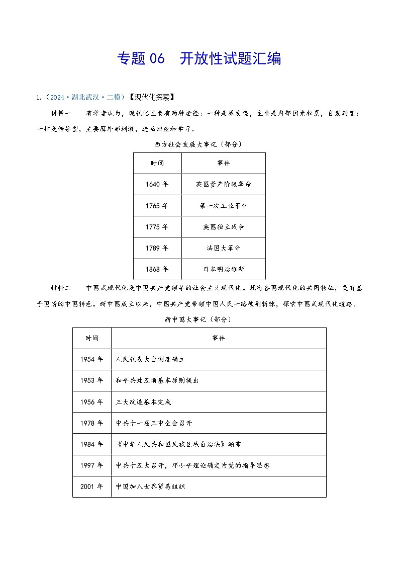 专题06 开放性试题汇编--2024年湖北省中考历史二模试题分项汇编（原卷版）第1页
