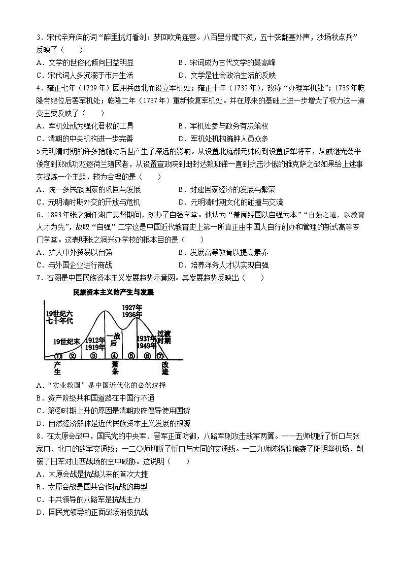 2024年山西省吕梁市中阳县多校中考三模历史试卷(无答案)02