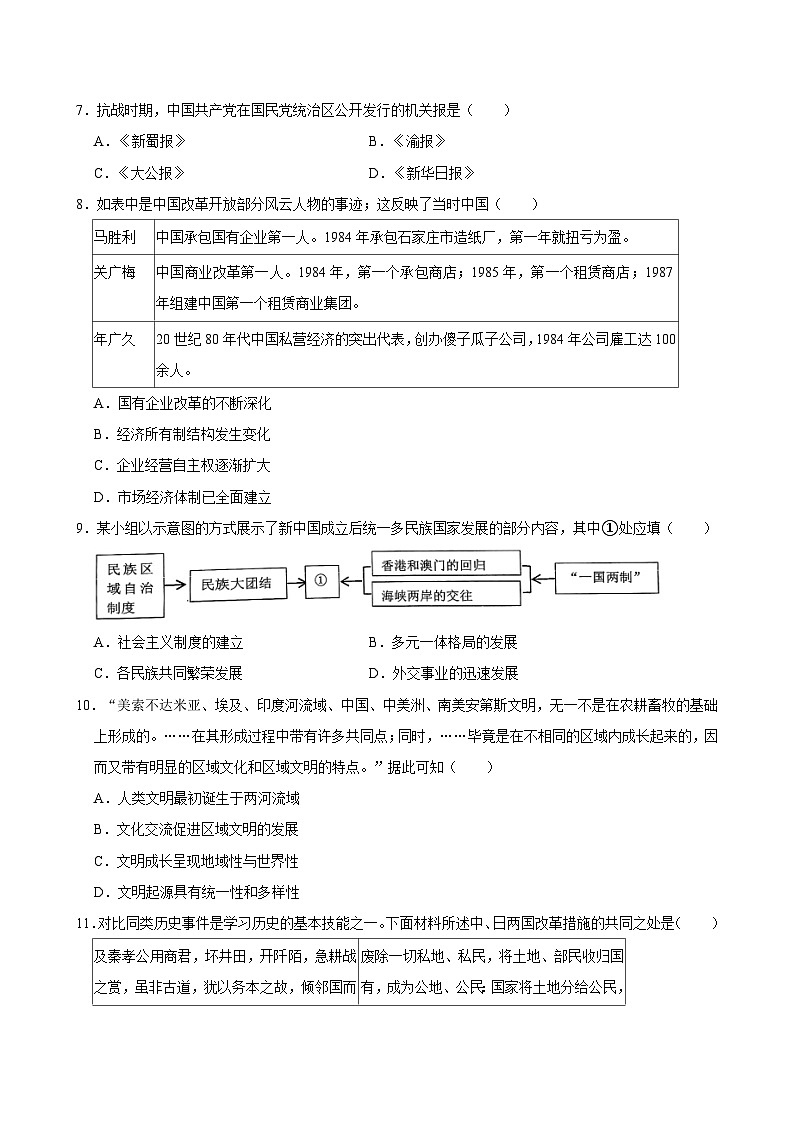 重庆市第一中学校2023-2024学年九年级下学期期中历史试卷03