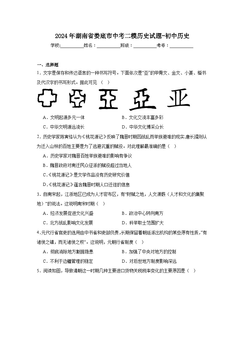 2024年湖南省娄底市中考二模历史试题01