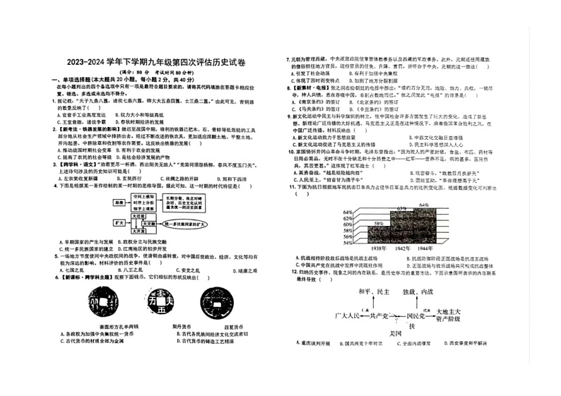 江西省赣州市大余县部分学校联考2023-2024学年九年级下学期6月月考历史试题第1页