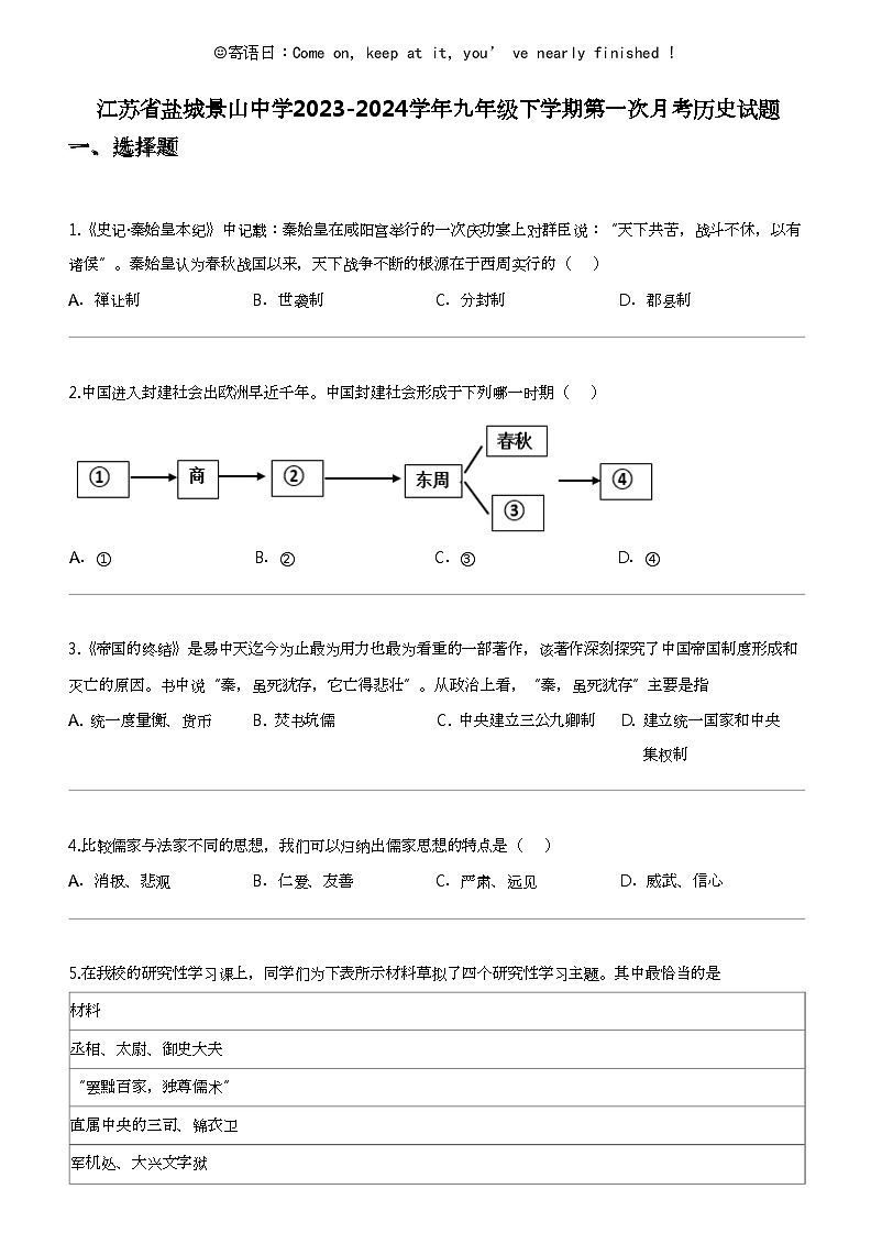 江苏省盐城景山中学2023-2024学年九年级下学期第一次月考历史试题01