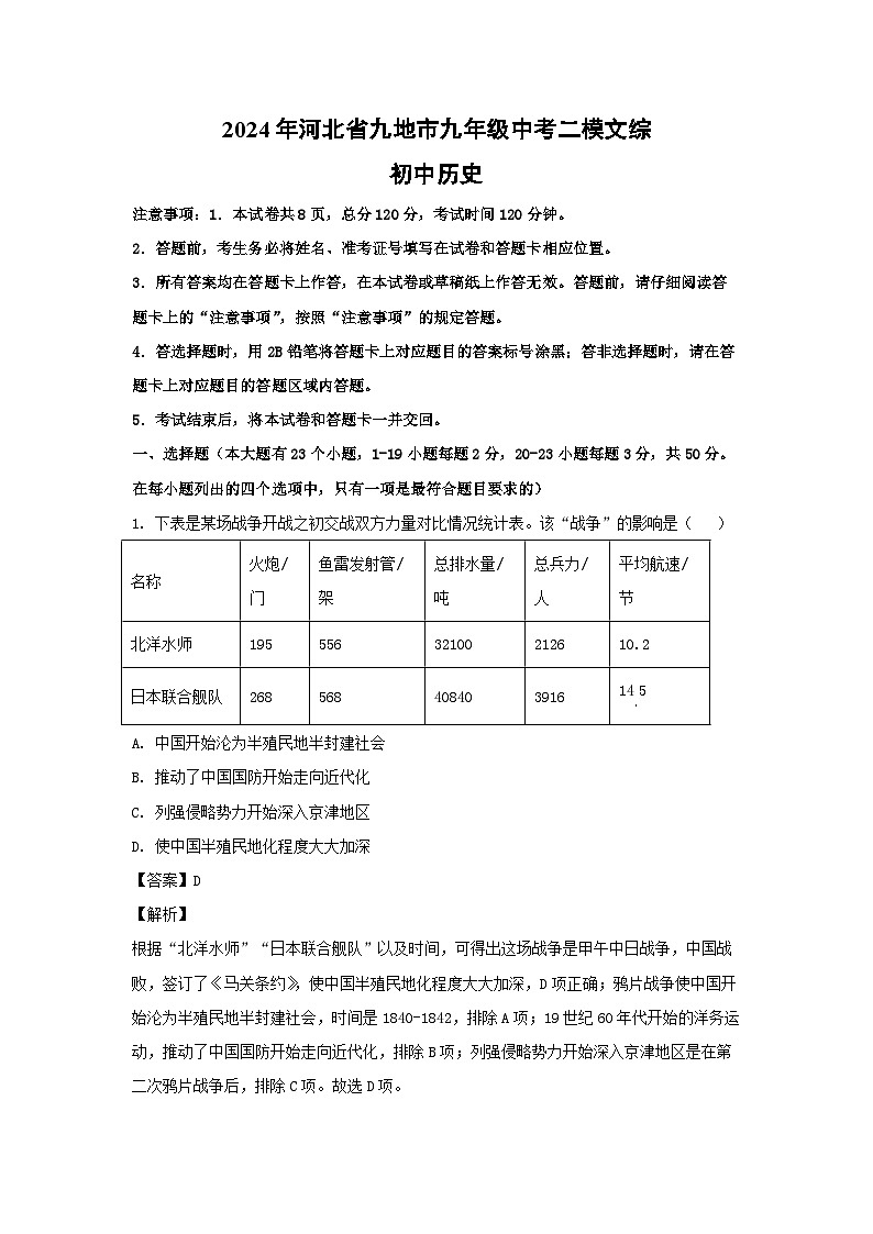 历史：2024年河北省九地市九年级中考二模文综试卷（解析版）第1页