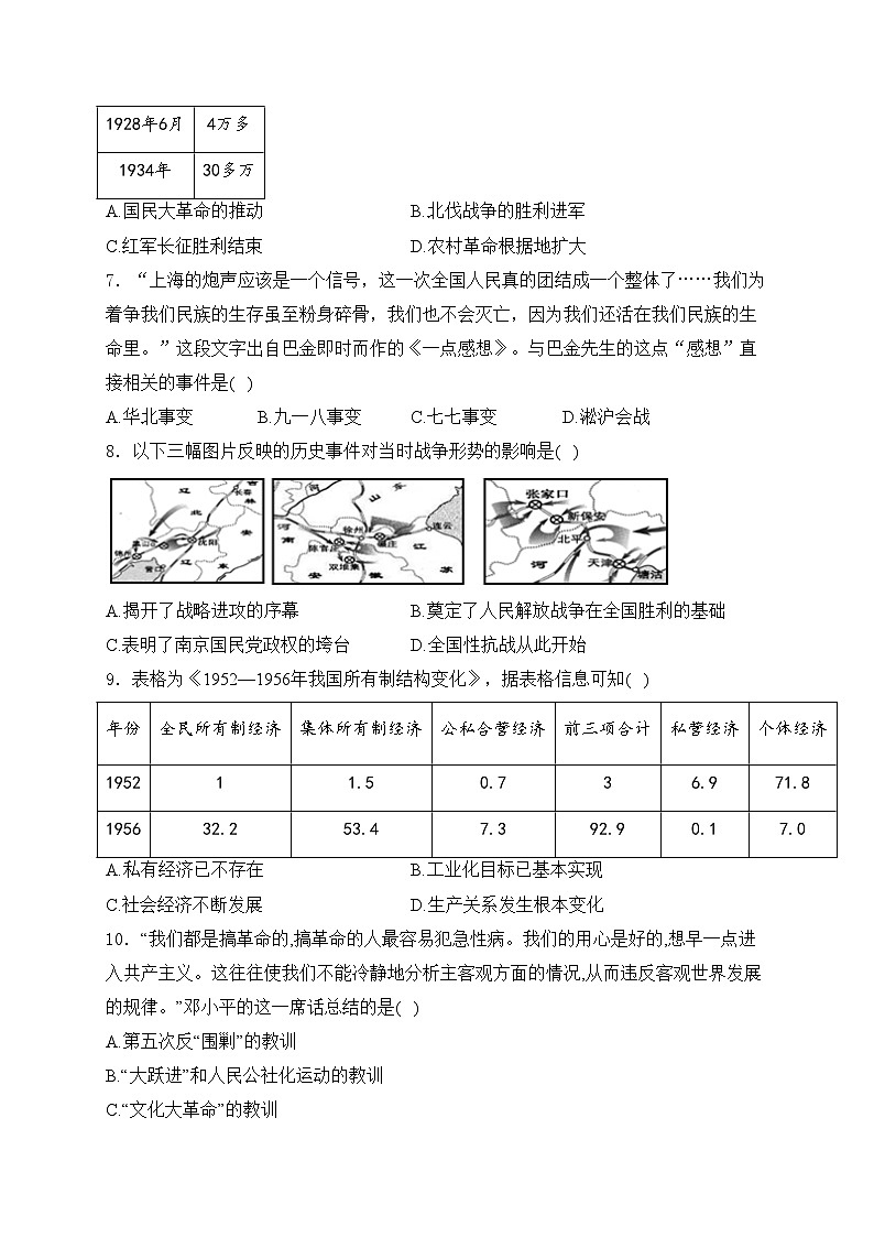 四川省内江市第六中学2024届九年级下学期中考二模历史试卷(含答案)02