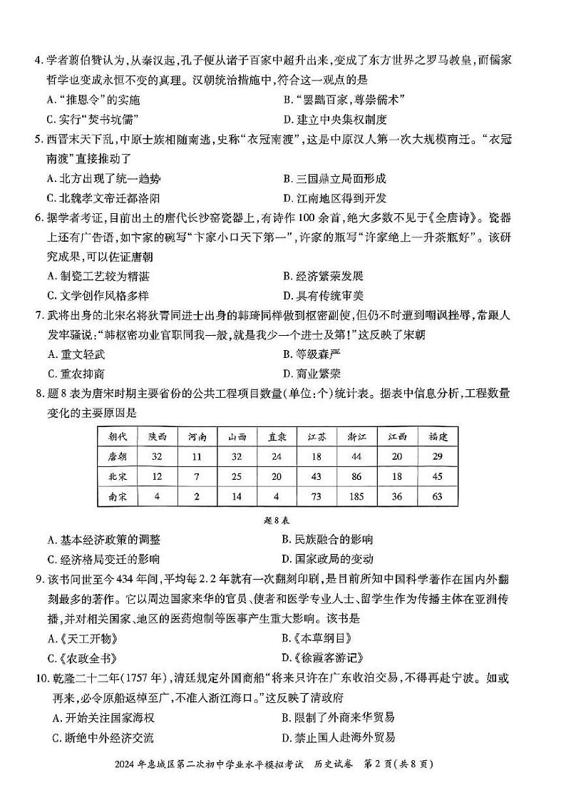 06-2024历史惠城区第二次初中学业水平模拟考试试卷02