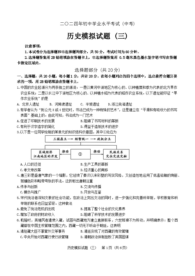 2024年山东省菏泽市成武县九年级三模历史试题第1页