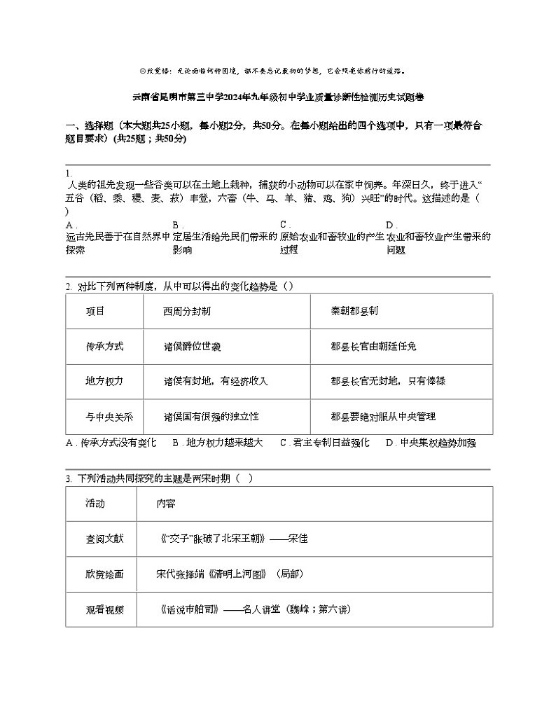 云南省昆明市第三中学2024年九年级初中学业质量诊断性检测历史试题卷第1页