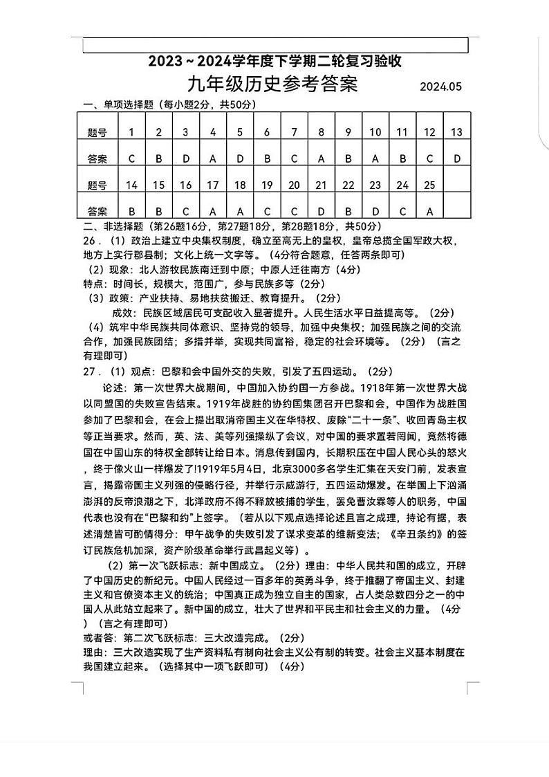 2024年山东省临沂市临沭县九年级中考二模道德与法治、历史试题01