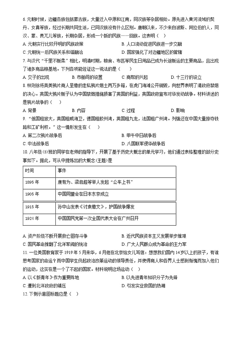 2024年山东省临沂市临沭县九年级中考二模道德与法治、历史试题02