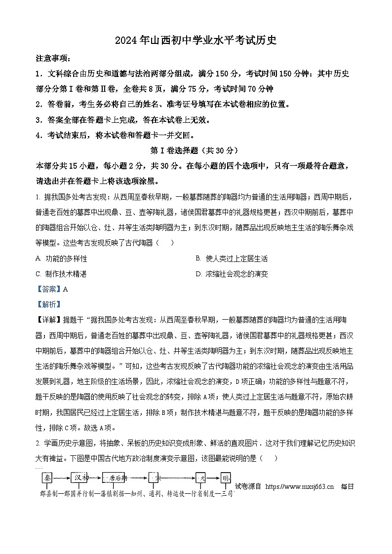2024年山西省大同市部分学校中考三模历史试题01