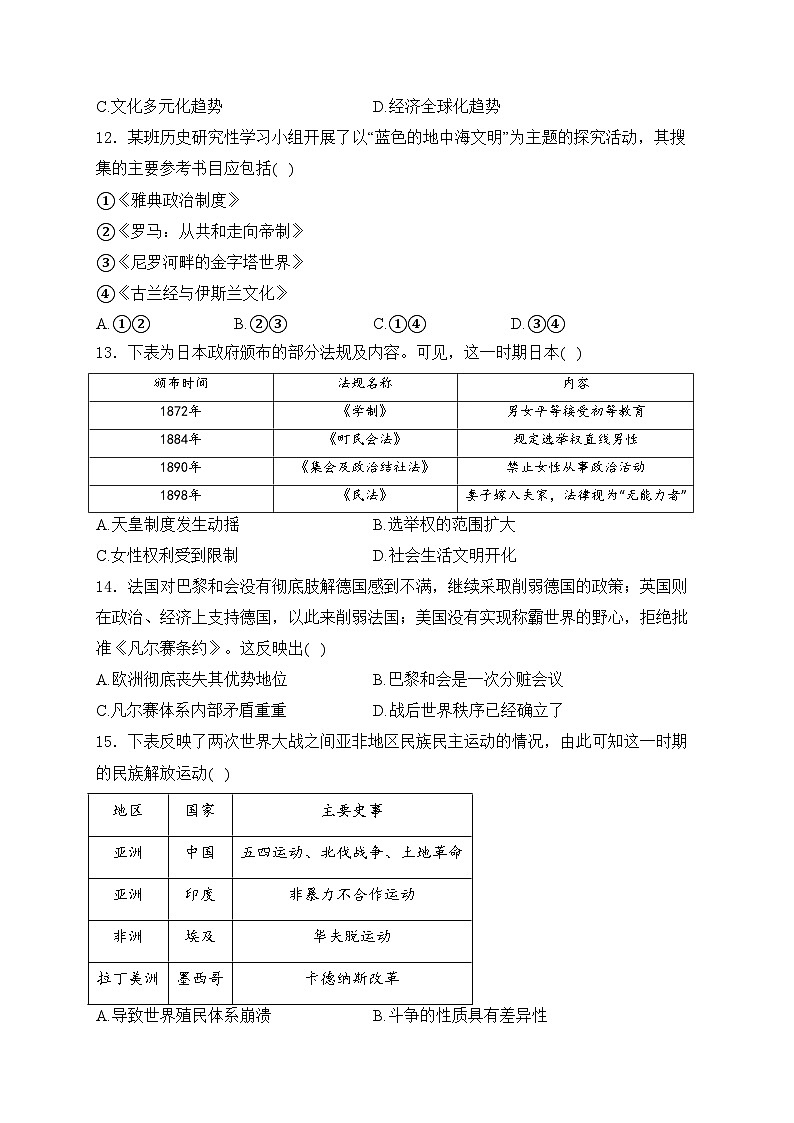 湖南省永州市祁阳市2024届九年级下学期中考二模历史试卷(含答案)03