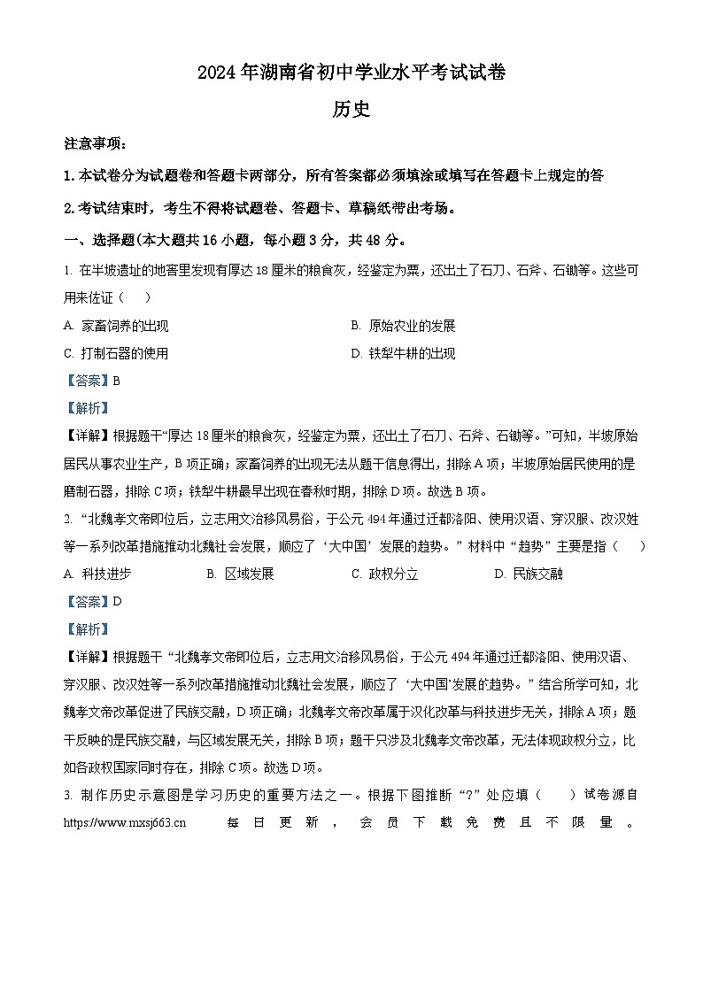 2024年湖南省初中学业水平模拟考试历史试题（定心卷）第1页