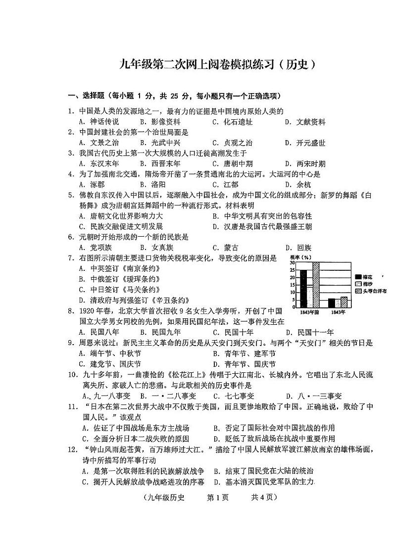 2024年吉林省长春市朝阳区九年级二模历史试题第1页