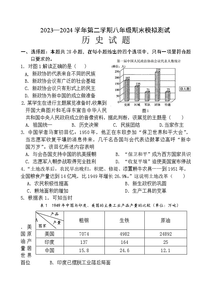 福建省南平市政和县2023-2024学年部编版八年级下学期期末模拟历史试题(1)第1页