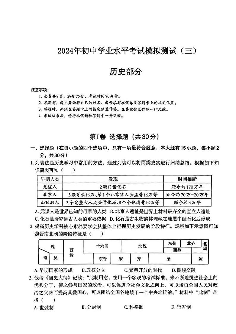 山西省晋城市陵川县多校2024年中考学业水平考试模拟历史试卷（三）(1)01