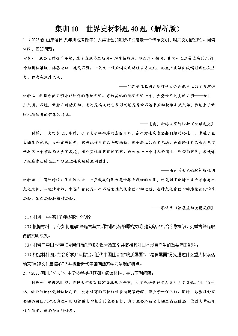 集训10 世界史材料题40题（原卷版）第1页