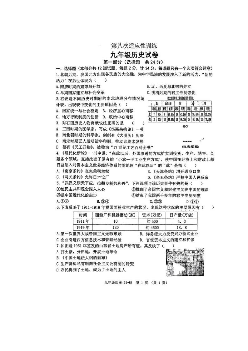 2024年陕西省西安市西北工业大学附中九年级中考第八次模拟考试历史试卷（扫描版含答案）第1页