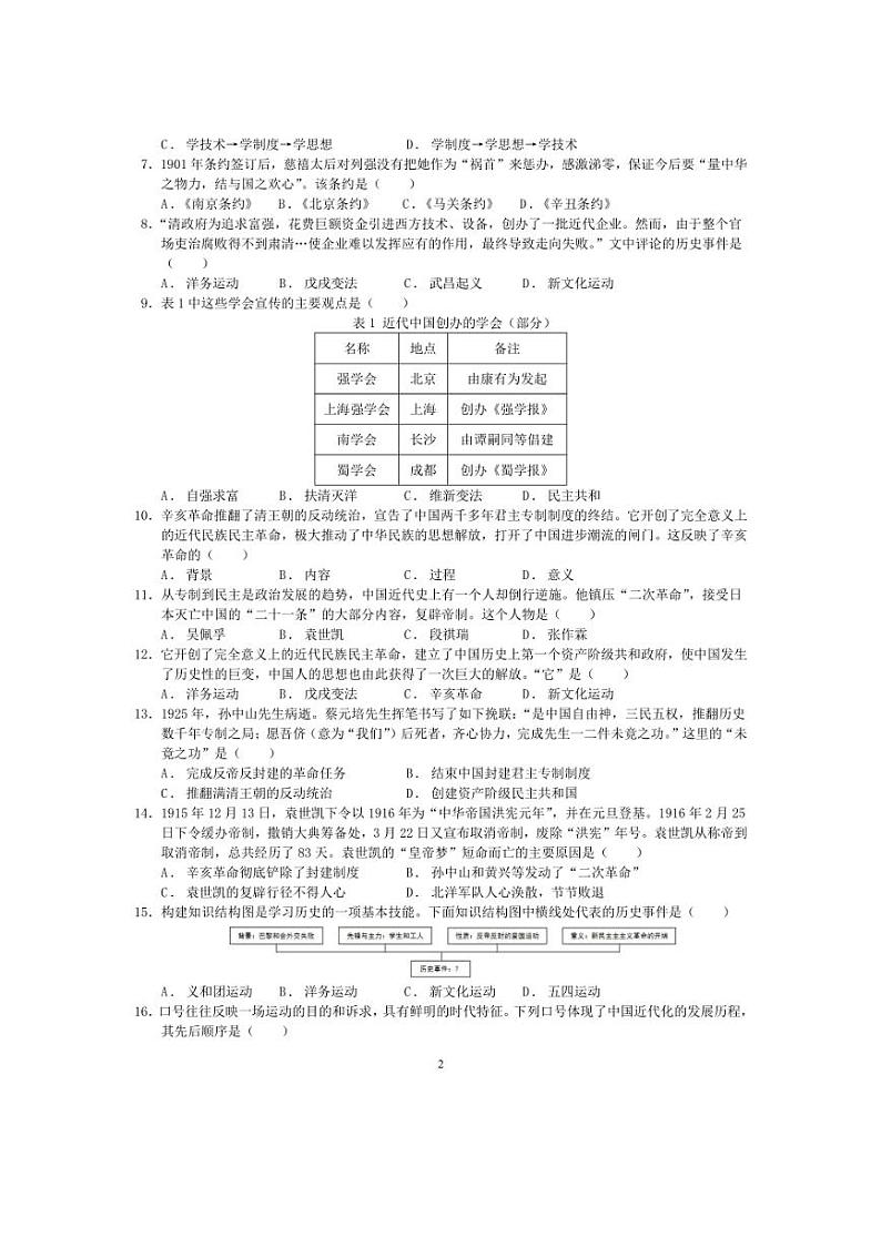 广东省湛江市徐闻县2023～2024学年第一学期期末八年级历史模拟试卷（无答案）02