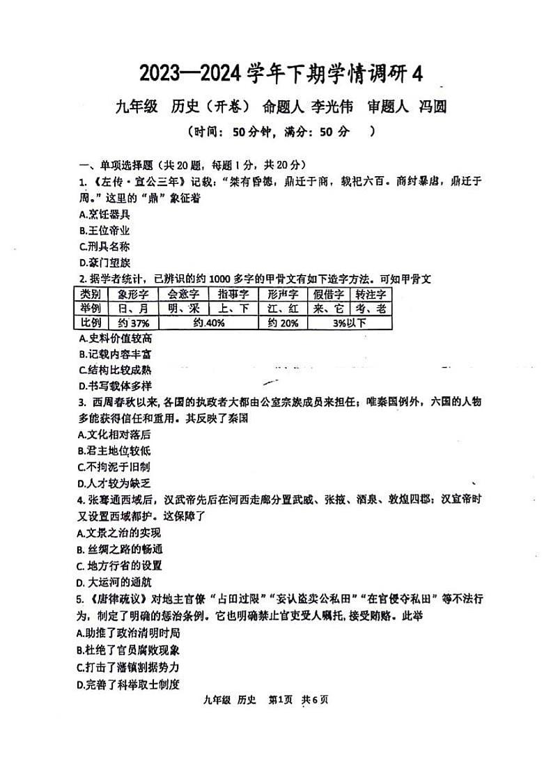 2024河南省实验中学九年级四模历史试卷及答案第1页