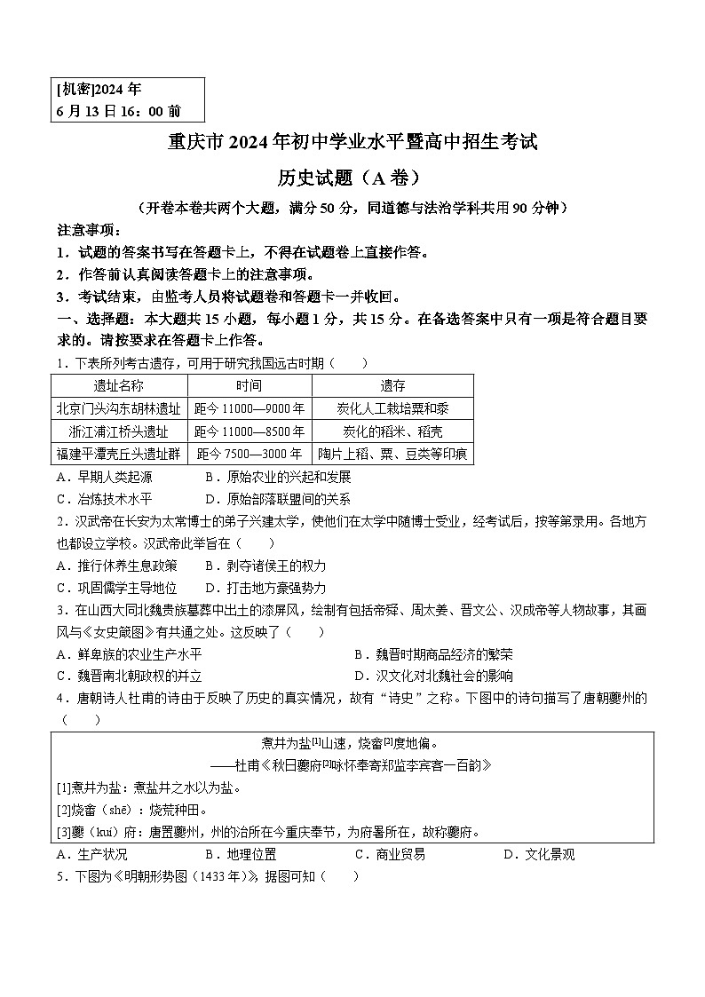 2024年重庆市中考历史真题（A卷）(无答案)01