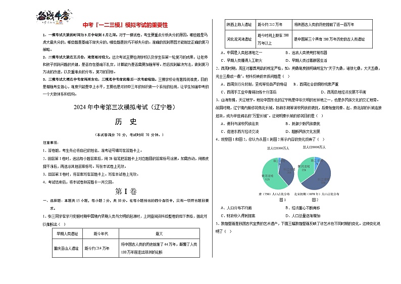 2024年中考历史第三次模拟考试（辽宁卷）01