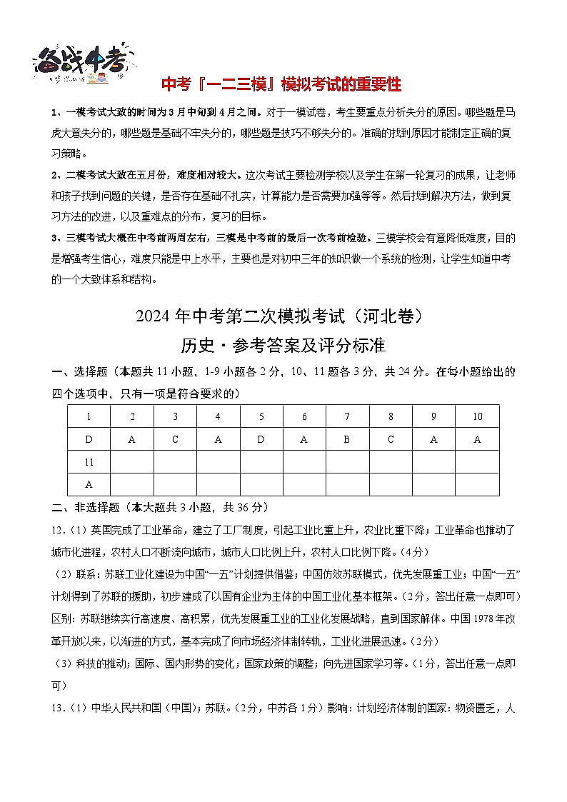 2024年中考历史第二次模拟考试（河北卷）01