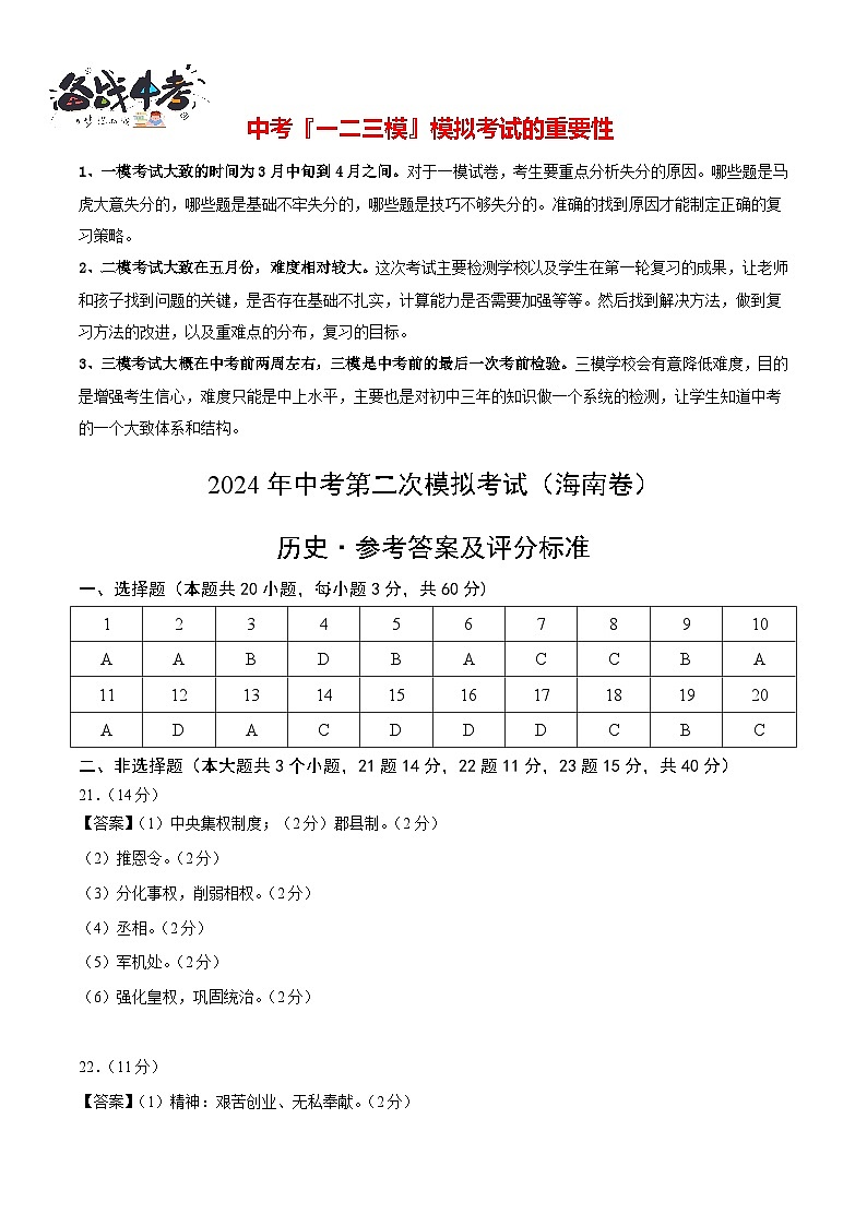 2024年中考历史第二次模拟考试（海南卷）01