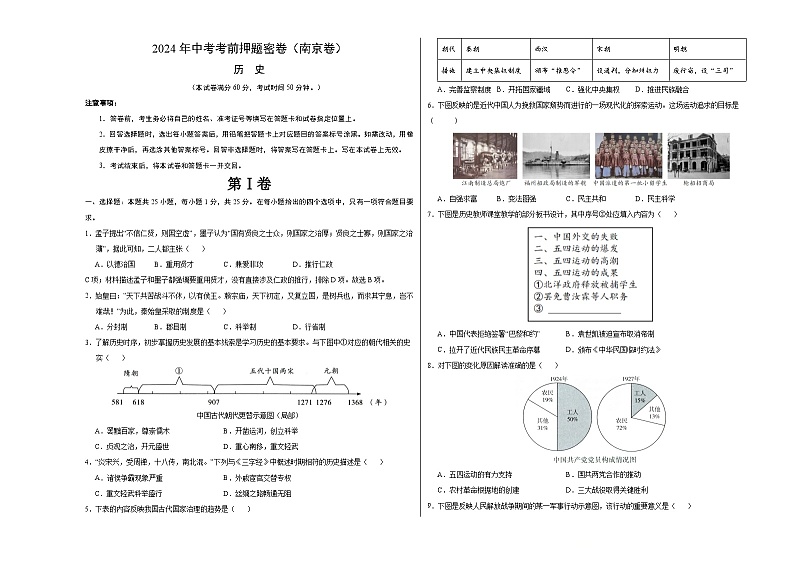 2024年中考考前历史押题密卷（南京卷）01
