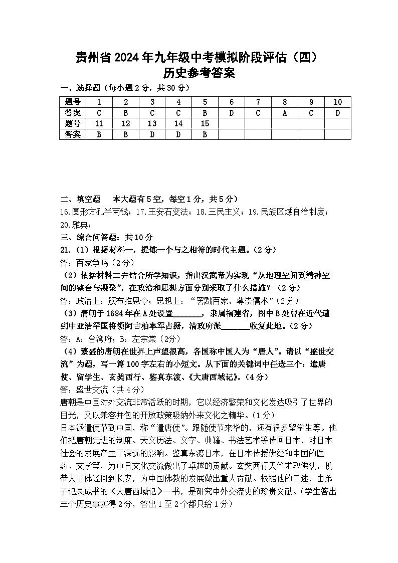 贵州省黔东南州剑河县第四中学2024年九年级中考模拟历史试卷（四）及答案【图片版】第2页