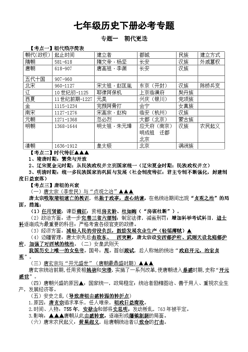 初中历史部编版七年级下册必考专题复习（共8个）01