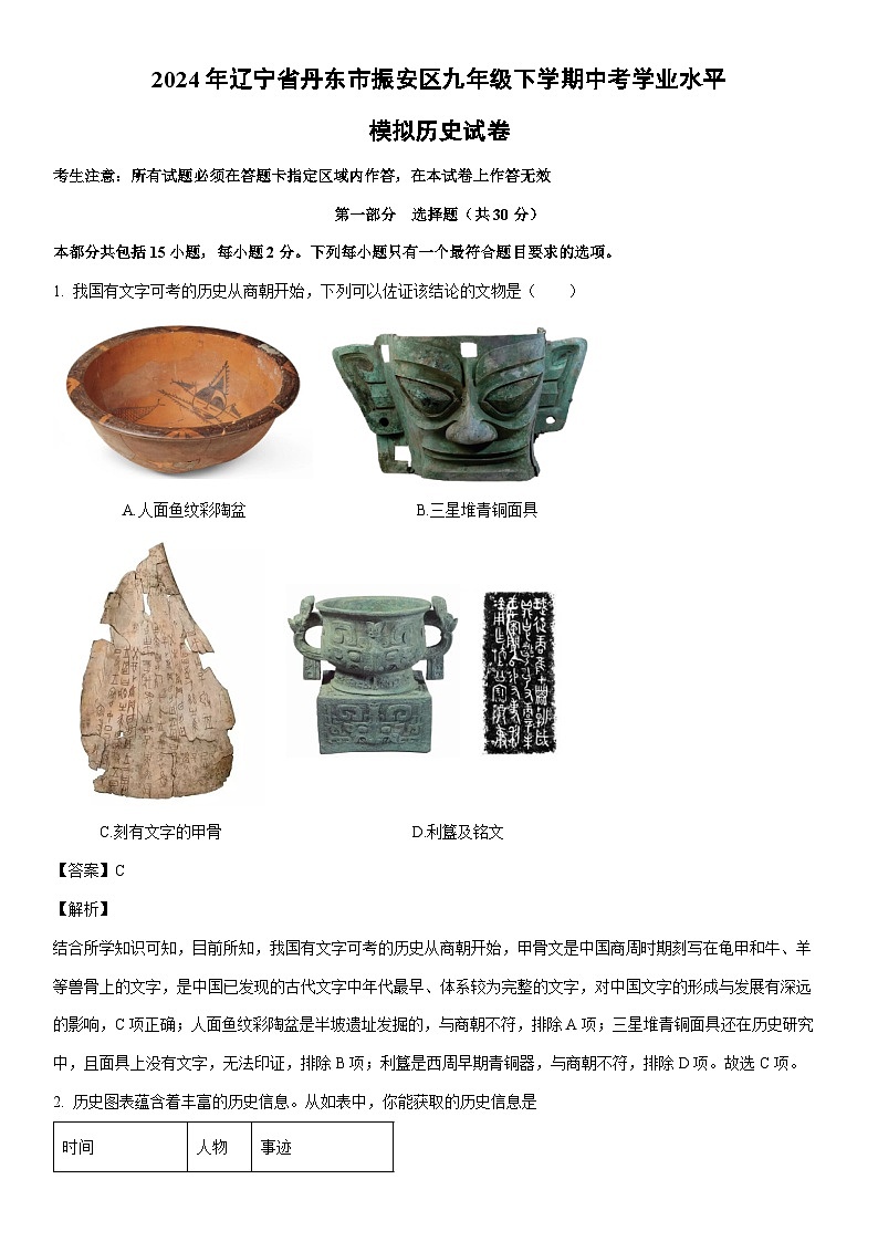 [历史]2024年辽宁省丹东市振安区九年级下学期中考学业水平模拟试卷（解析版）第1页