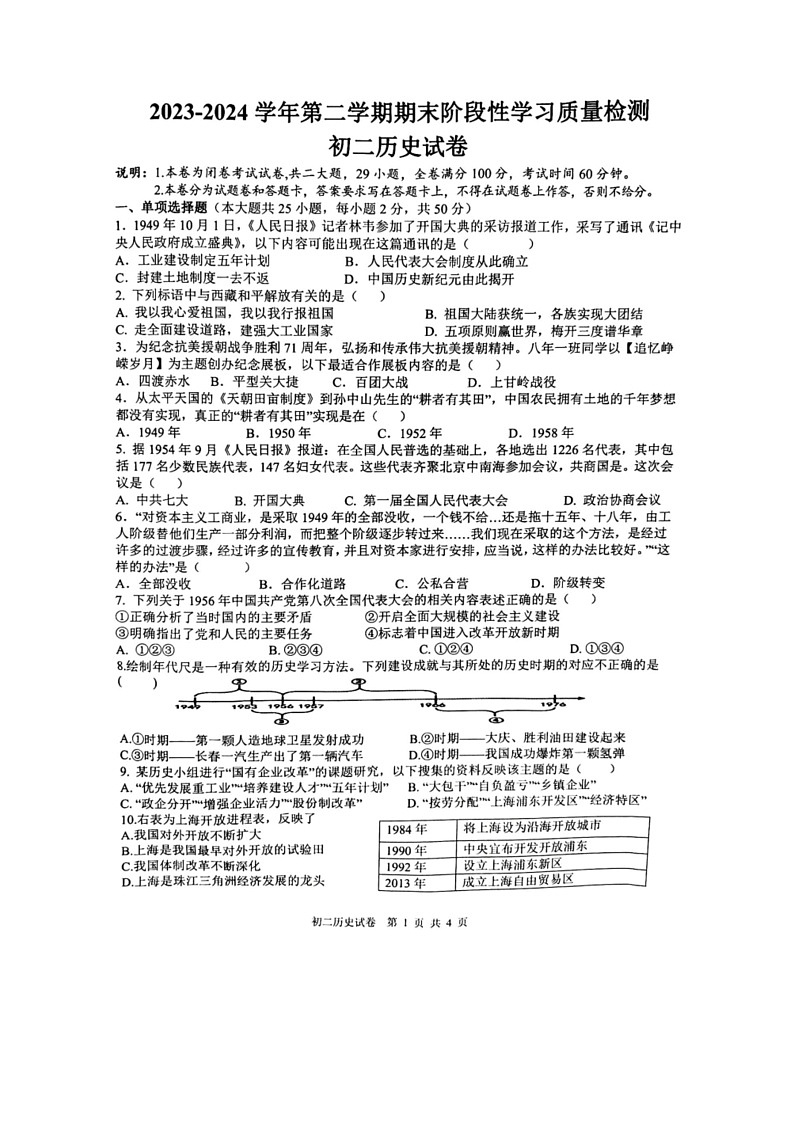 [历史]江西省南昌一中教育集团2023～2024学年八年级下学期期末历史试卷（无答案）第1页