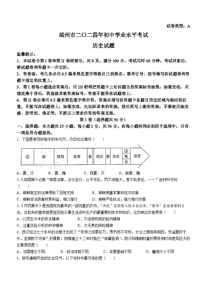 2024年山东省滨州市中考历史试题(无答案)01
