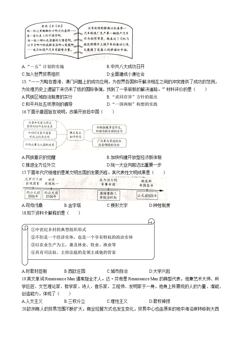 2024年山东省烟台市中考历史真题(无答案)03