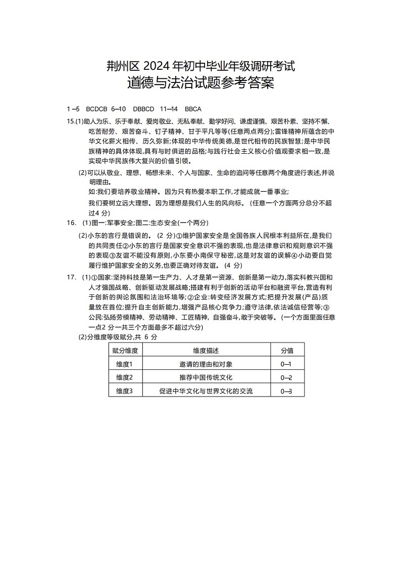 2024年湖北省荆州市九年级中考调研考试道德与法治.历史试题01
