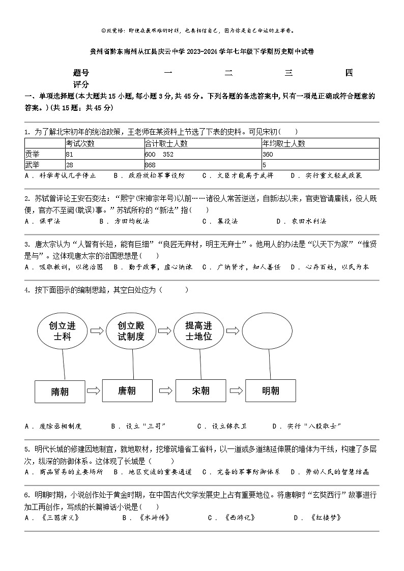 [历史]贵州省黔东南州从江县庆云中学2023-2024学年七年级下学期历史期中试卷第1页