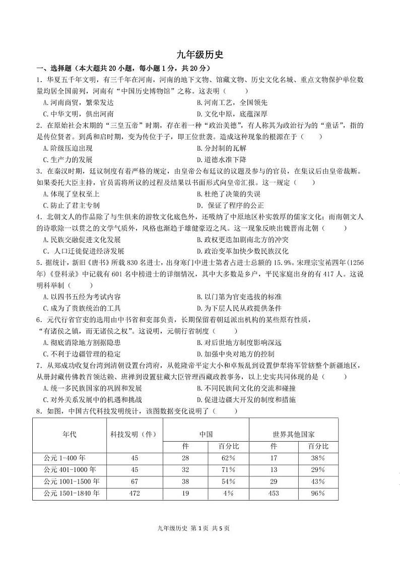 2024年河南省驻马店市第四中学九年级模拟预测历史试题第1页