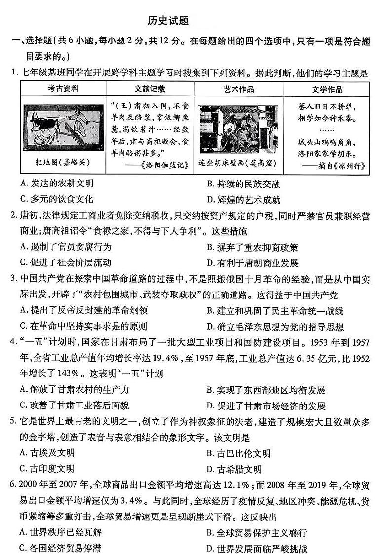 2024年中考真题：甘肃省武威市嘉峪关市临夏州历史试题01