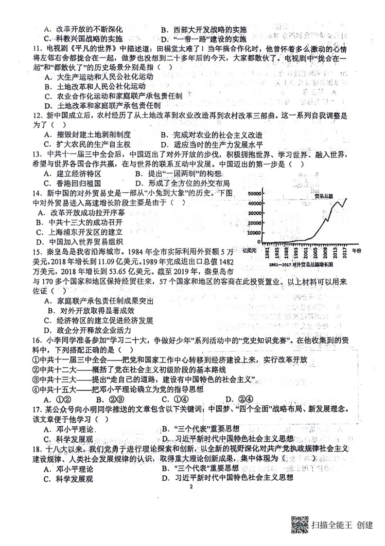 [历史]山东省聊城市高唐县第一实验中学2023～2024学年部编版八年级下学期第三次质量评估历史试卷（扫描版无答案）+答题卡第2页